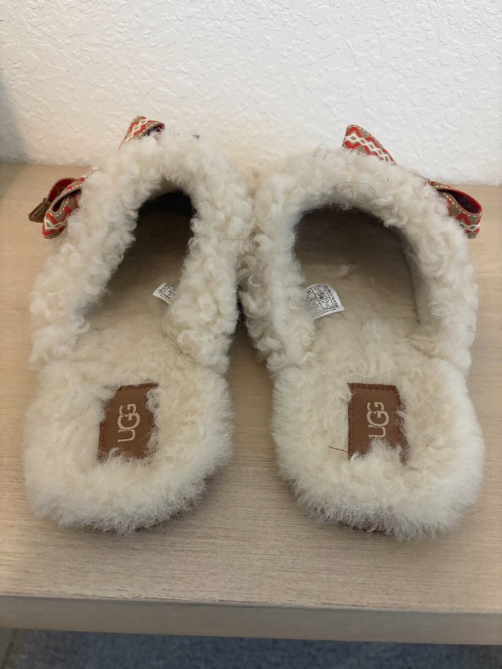 UGG Cream Shearling Slip-On Mules with Red Chevron Ribbon - Picture 3 of 6